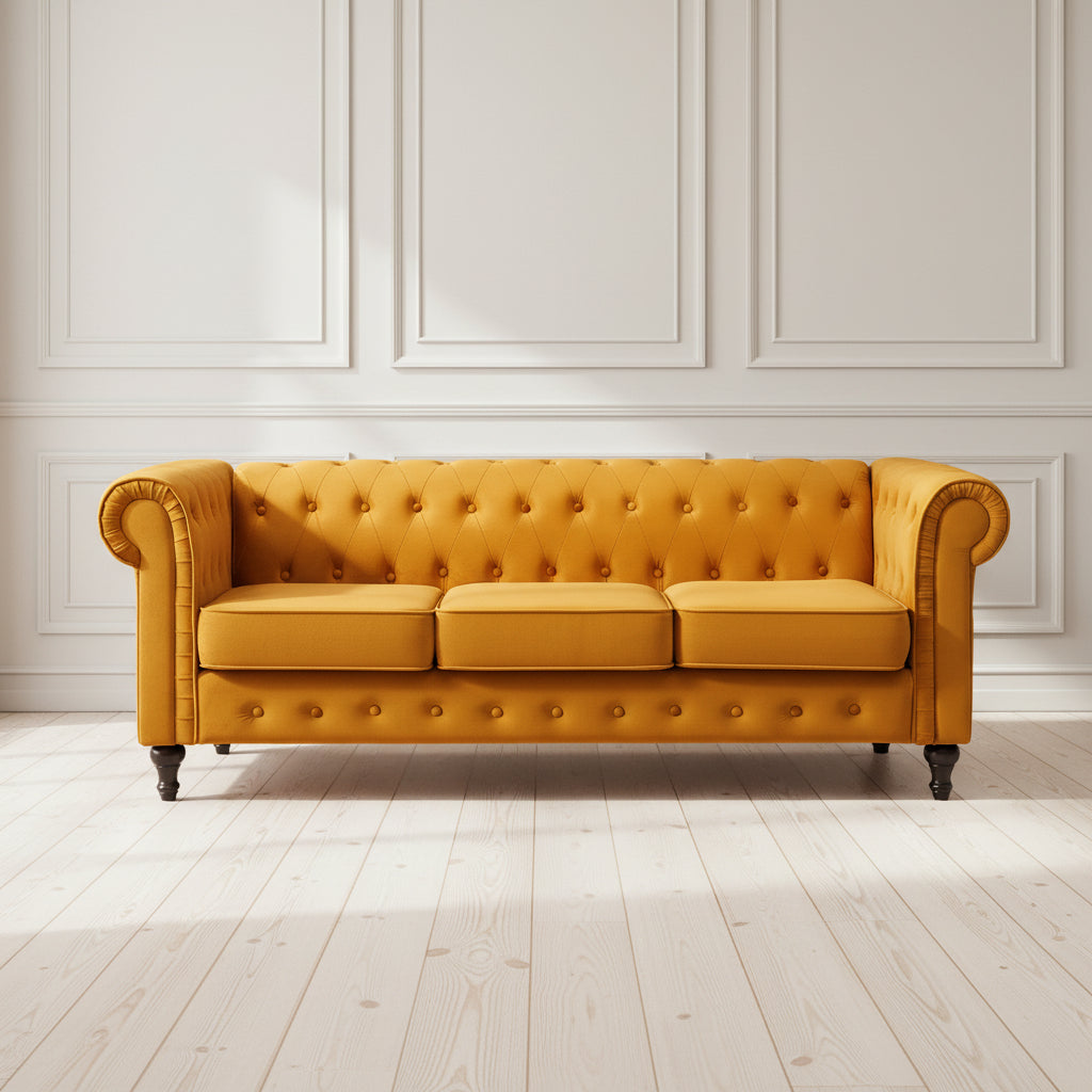 BURNT ORANGE UPHOLSTERED 3 SEATER CHESTERFIELD