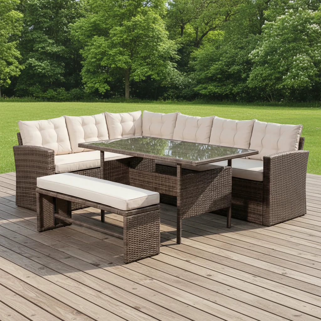 Outdoor Rattan Corner Sofa with Table and Bench in Brown and Cream