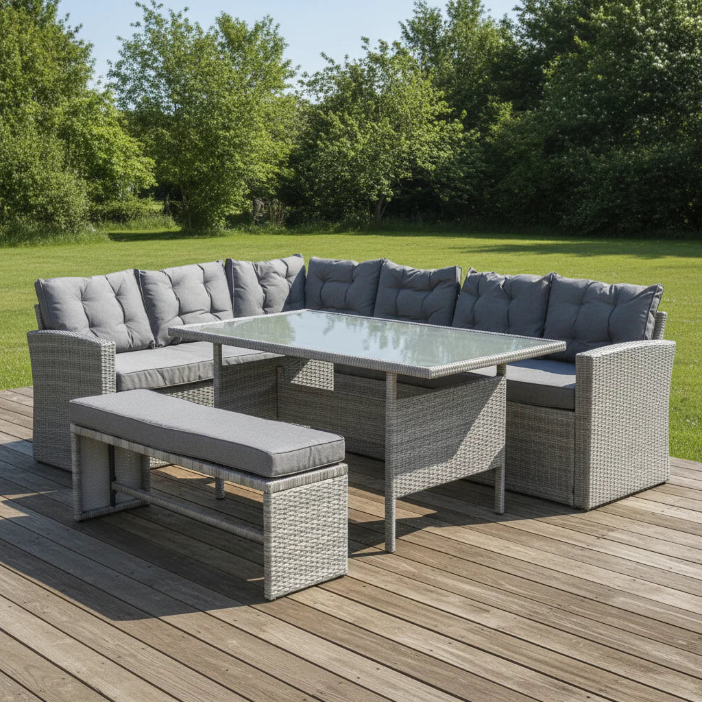 Outdoor Rattan Corner Sofa with Table and Bench in Grey