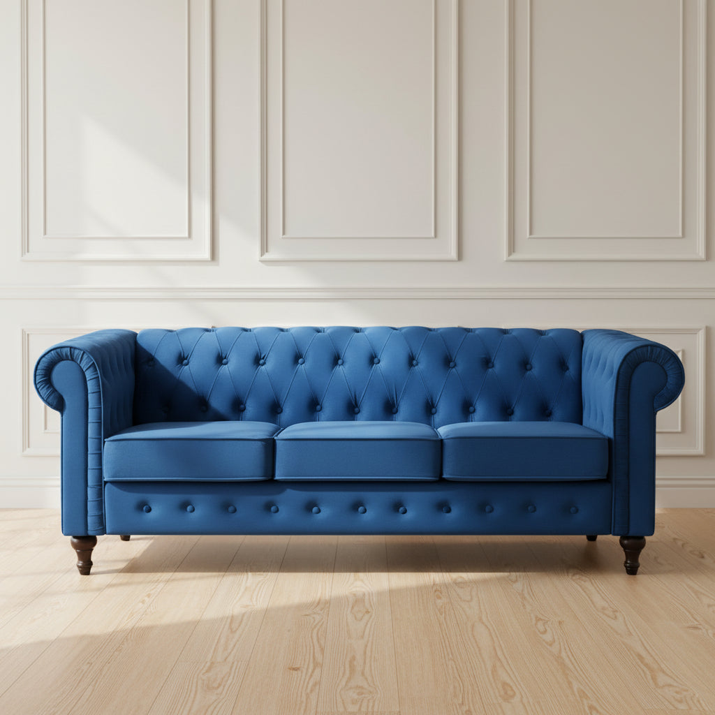 ROYAL BLUE VELVET UPHOLSTERED 3 SEATER CHESTERFIELD