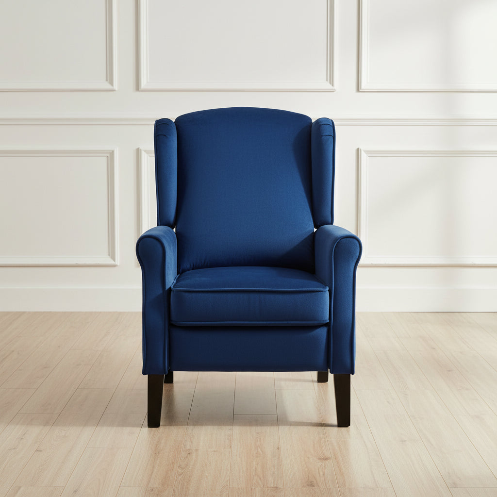 Royal Blue Velvet Armchair with Reclining Back Function and Black Legs