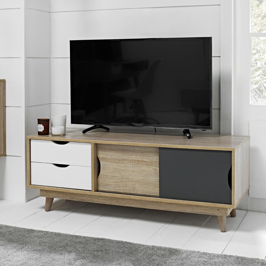 Harry Christian Home Light Oak Media Unit with White Drawers & Grey Cupboard