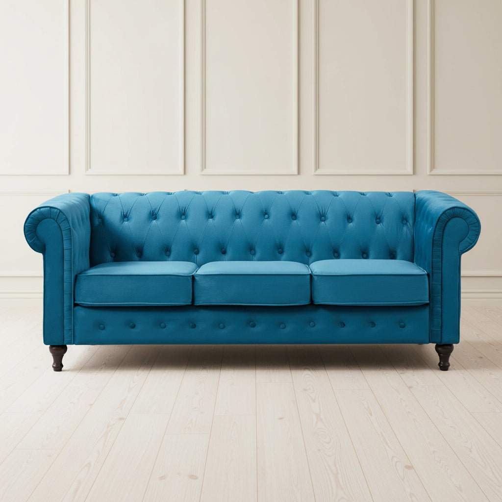 TEAL VELVET UPHOLSTERED 3 SEATER CHESTERFIELD