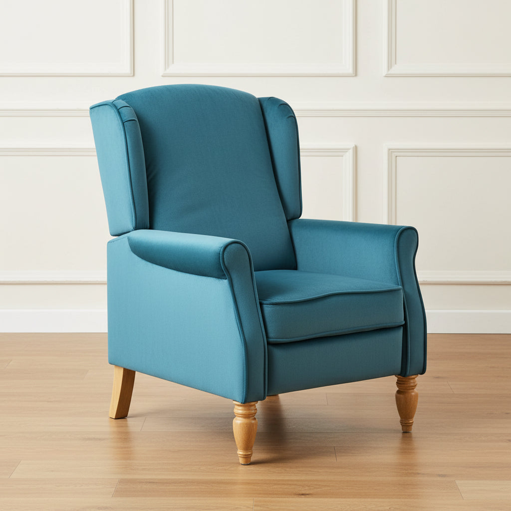 Teal Velvet Armchair with Reclining Back Function and Oak Legs