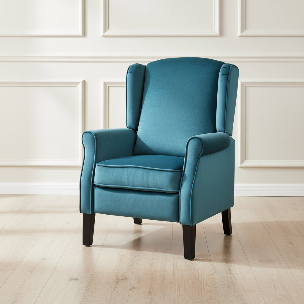 Teal Velvet Armchair with reclining back function and black legs