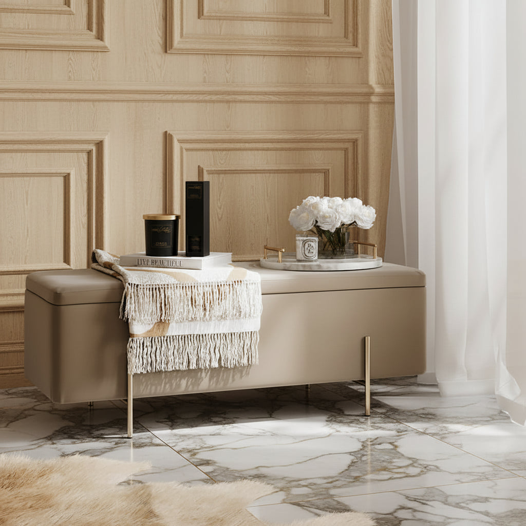 Harry Christian Home Beige Storage Ottoman Bench with Sleek Gold Legs