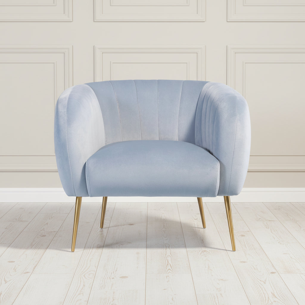 baby vlue velvet armchair with gold legs