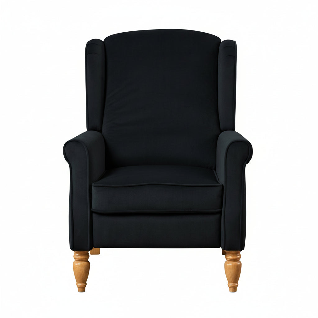 Black Velvet Armchair with Reclining Back Function and Oak Legs
