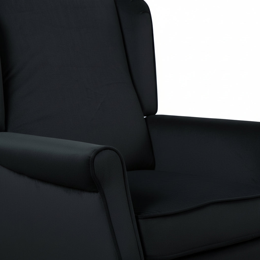 Black Velvet Armchair with Reclining Back Function and Black Legs