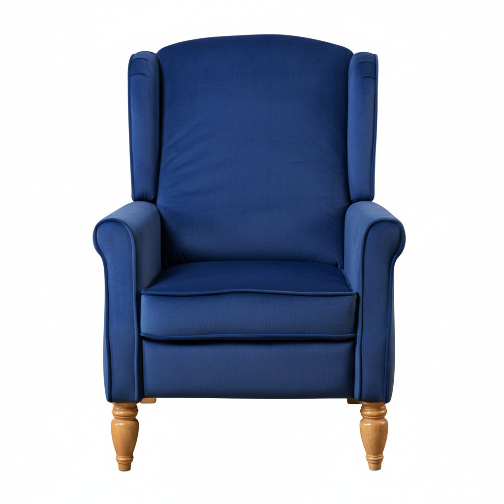 Royal Blue Velvet Armchair with Reclining Back Function and Oak Legs