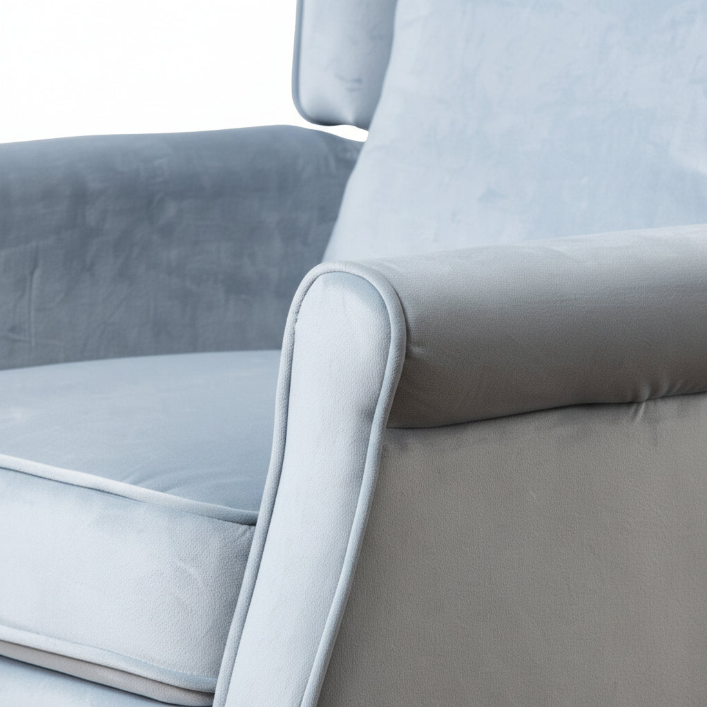 Baby Blue Velvet Armchair with Reclining Back Function and Oak Legs