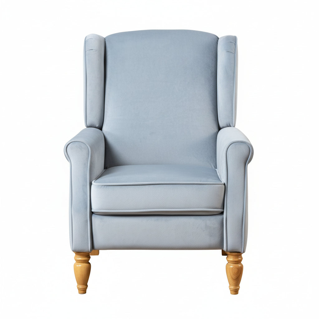 Baby Blue Velvet Armchair with Reclining Back Function and Oak Legs
