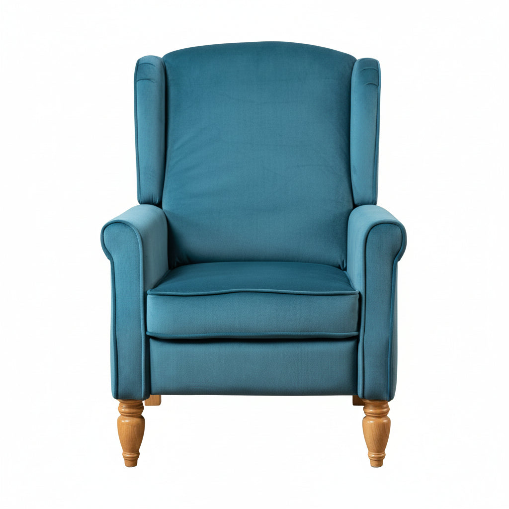 Teal Velvet Armchair with Reclining Back Function and Oak Legs