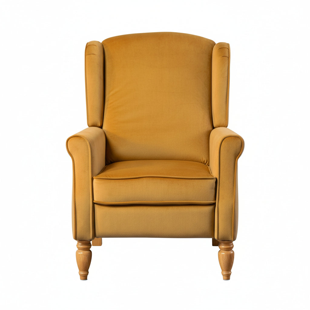 Mustard Yellow Velvet Armchair with Reclining Back Function and Oak Legs
