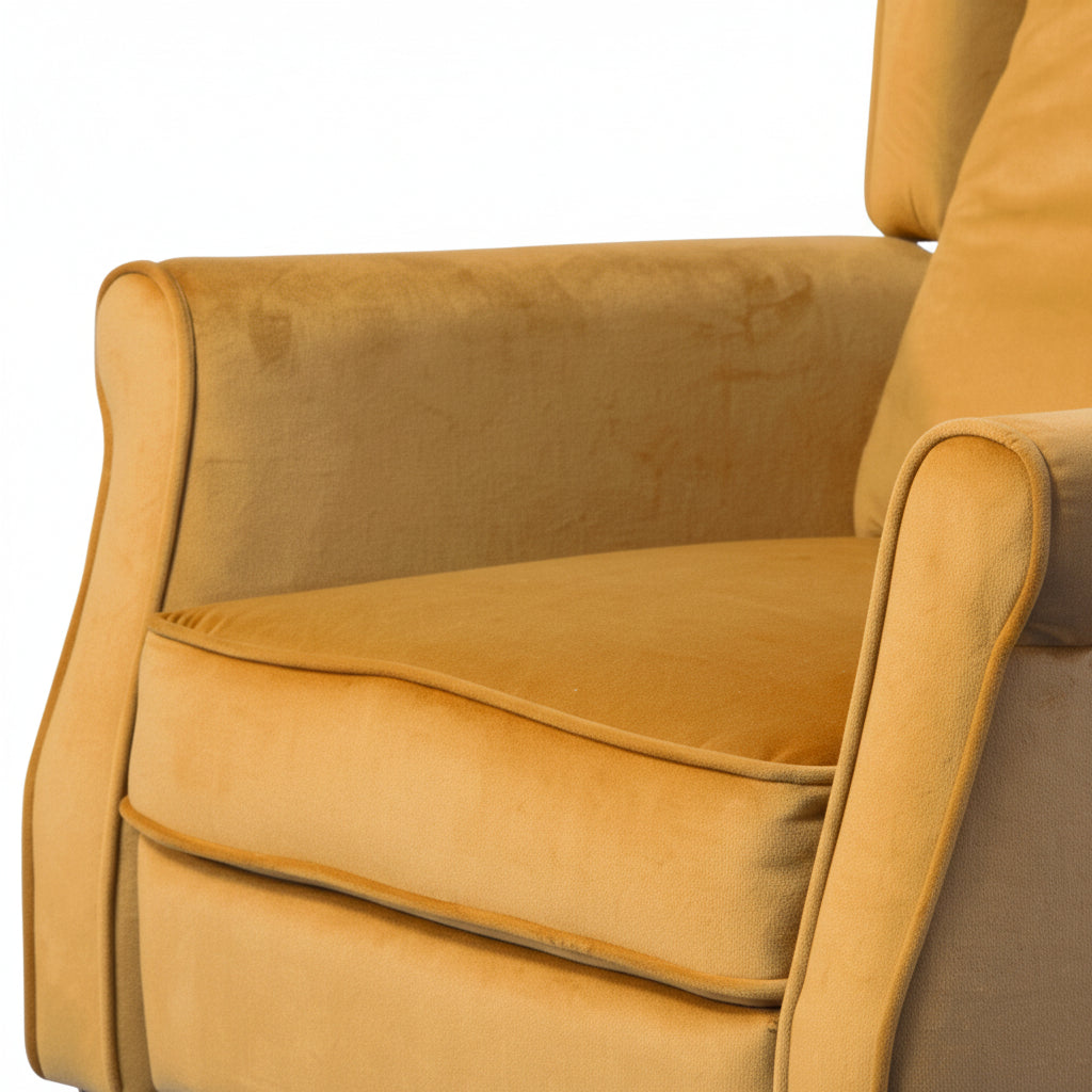 Mustard Yellow Velvet Armchair with Reclining Back Function and Oak Legs