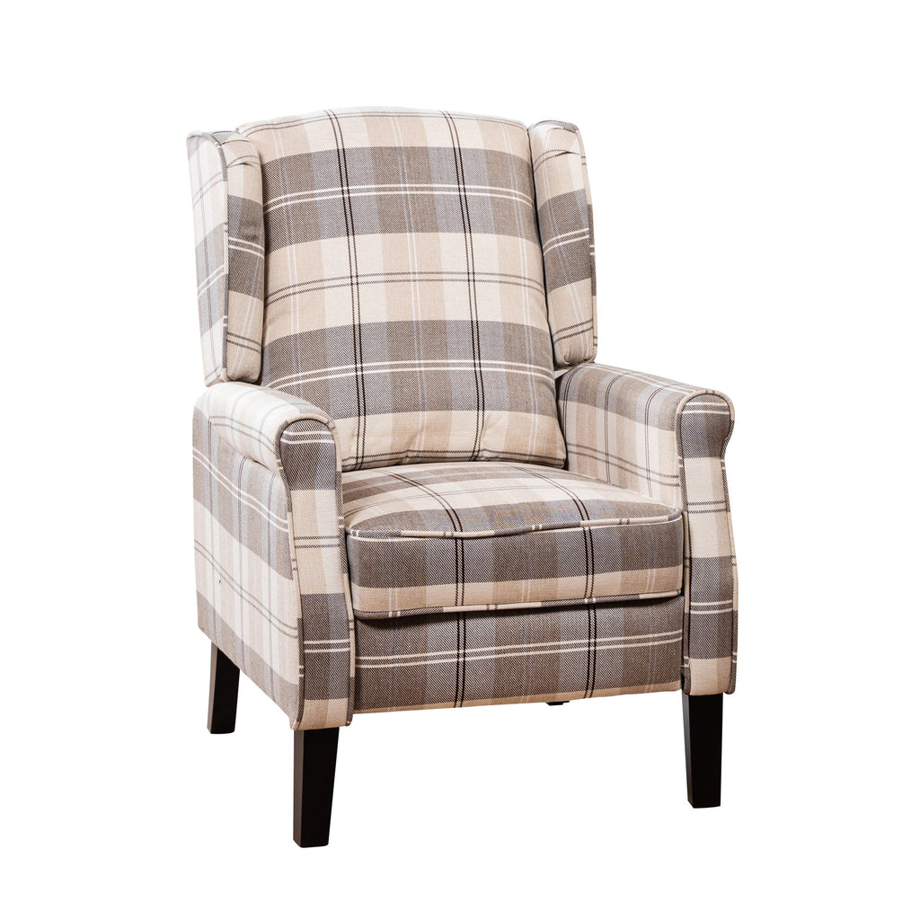 Beige Chequered Fabric Push Back Recliner Chair Fabric Armchair