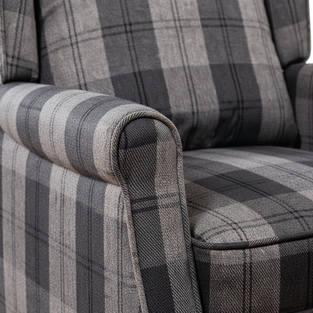Grey Chequered Fabric Push Back Recliner Chair Fabric Armchair