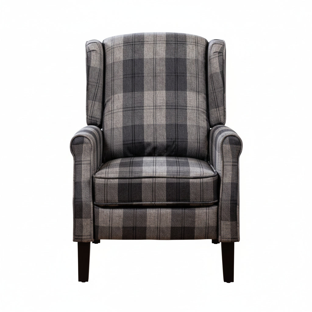 Grey Chequered Fabric Push Back Recliner Chair Fabric Armchair