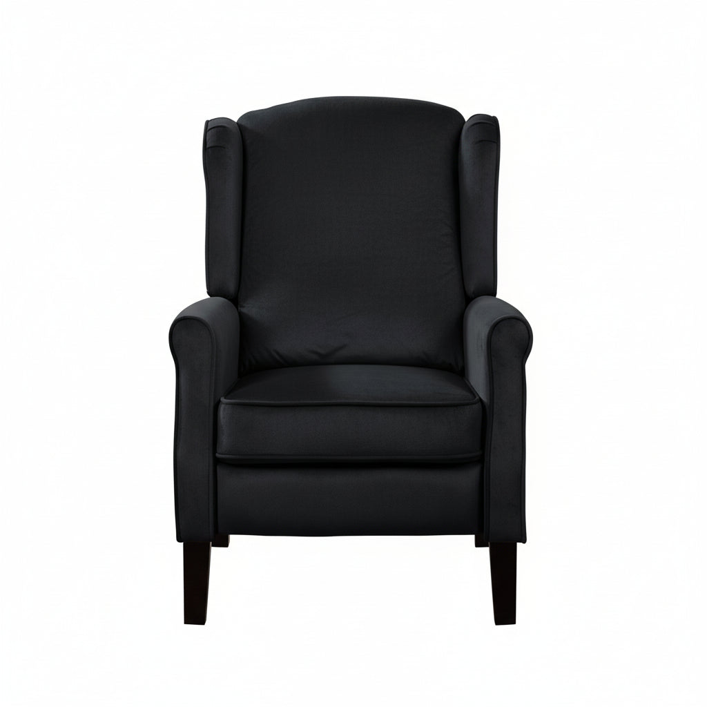 Black Velvet Armchair with Reclining Back Function and Black Legs