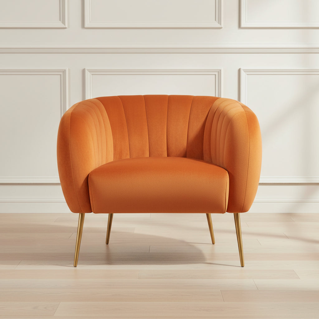 orange velvet armchair with gold legs