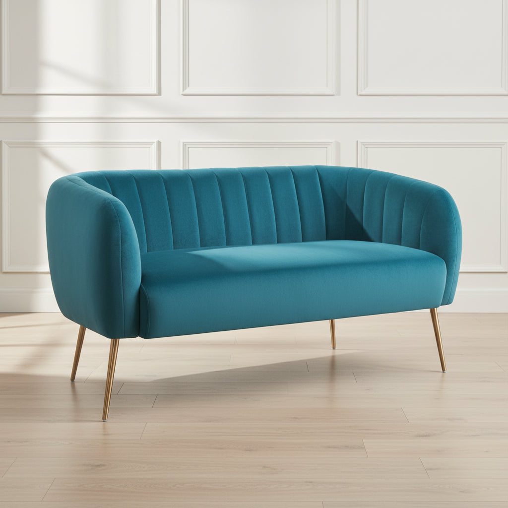 teal 2 seater sofa with gold legs